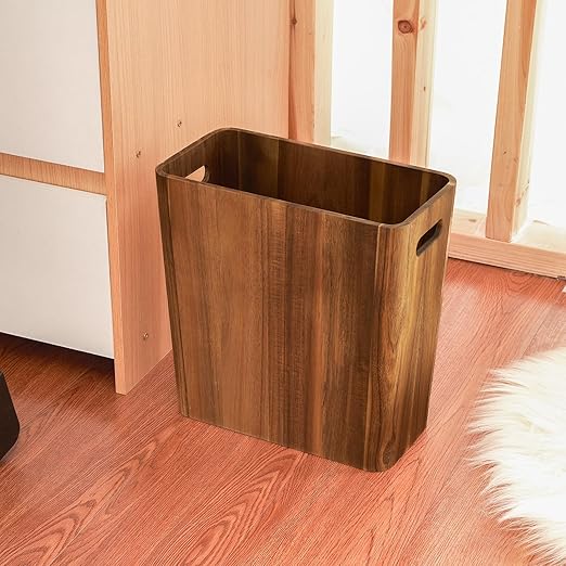 LiTY 3 Gallons Wooden Wastebaskets Solid Acacia Wood Waste Basket with Handles Rectangular Trash Can Garbage Bin for Bedroom Bathroom Kitchen Living Room Office Decorative