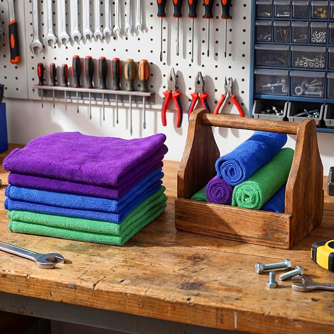 Nuenen Cleaning Cloths for Cars 16 x 16 Inch Ultra Absorbent Towels Drying Microfiber Reusable Cleaning Supplies House Kitchen Window Microfiber Towel (PurpleBlueGreen60 Pcs)