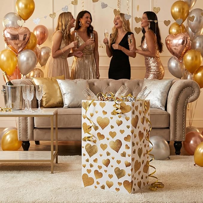 Tinlade 6 Pack 13 Gallon Golden Heart Disposable Trash Cans for Parties Extra Large Thick Waterproof Pop up Recycling Bins Foldable Garbage Bins for Wedding Baby Shower Birthday Party