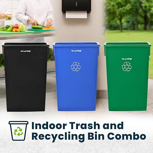 Alpine 23 Gallon Slim Recycling &amp Trash Bin Set – 3-Pack Blue/Black/Green Plastic Narrow Open-Top Garbage Cans for Office Home School &amp Commercial Use