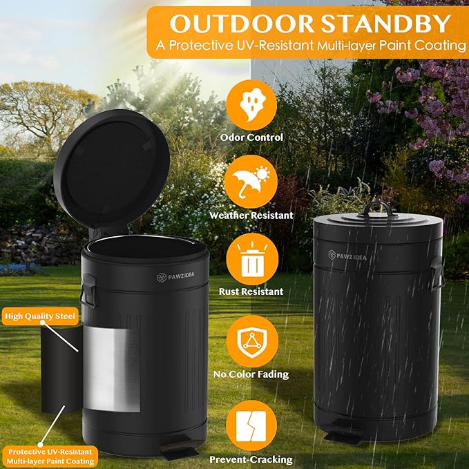 PAWZIDEA Dog Poop Trash Can Outside Odor Control 3.1 Gallon Outdoor Trash Can with Lid Waterproof Pet Waste Disposal Container Small Poop Bin Step Garbage Can 7.8in Activated Carbon Filter Black