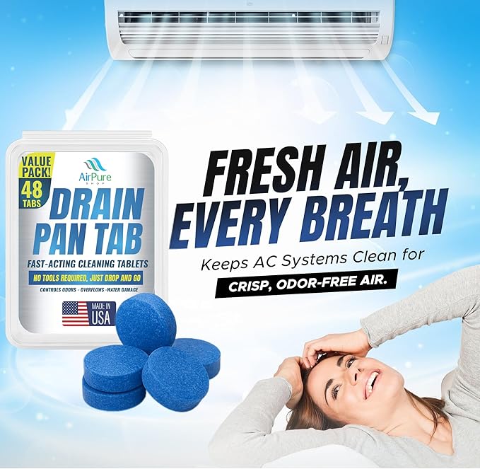 Air Pure Drain Pan Tabs - 48 Flow Treatment Tablets for HVAC &amp AC Condensate Pan Treatment | Prevents Overflow Cleans Drain Lines &amp Eliminates Odors