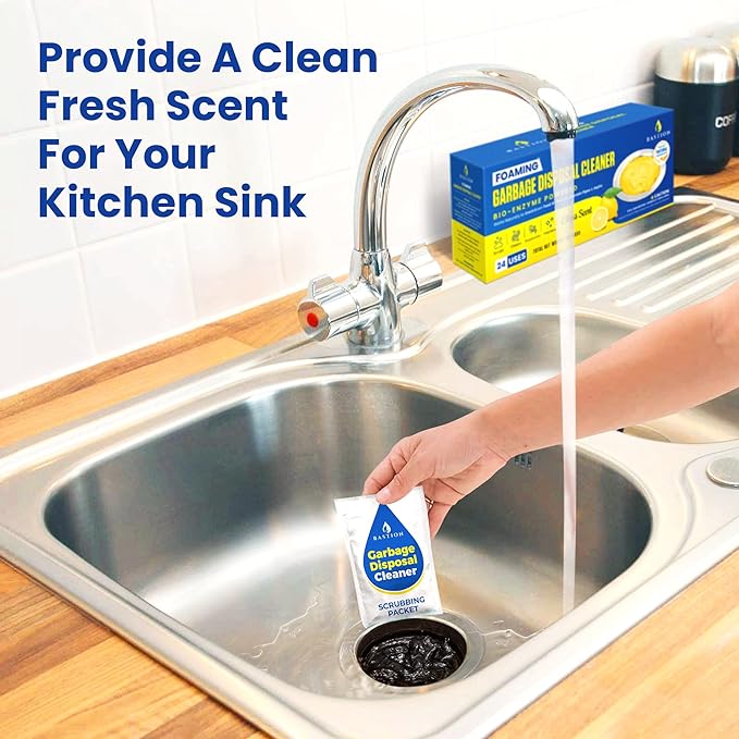 Bastion Garbage Disposal Cleaner and Deodorizer - 24-Count (1-Year Supply) Foaming Lemon Scented Kitchen Sink Freshener Pods &amp Drain Odor Eliminator Disposer Care