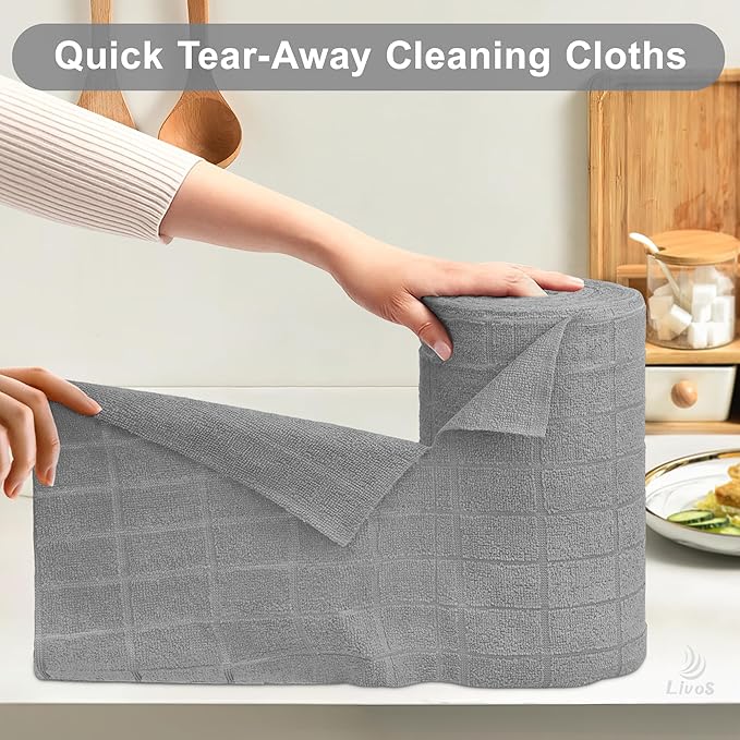 LIVOS Microfiber Cleaning Cloth Roll - 80 Pack Reusable Paper Towels Microfiber Towels for Cars Super Absorbent Lint Free Cleaning Rags for House Kitchen Window-Check Grey 11.5x11.5