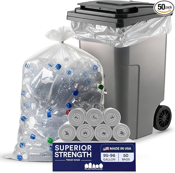 Plasticplace 95-96 Gallon Garbage Can Liners 1.5 Mil Clear Heavy Duty Trash Bags 61 x 68” 50 Count