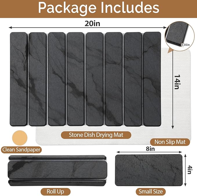2 PCS Stone Dish Drying Mat for Kitchen CounterQuick Dry Stone Dishes MatsMarbled Water Absorbing Diatomaceous Earth Drying Pad for Countertop Bottles Utensils Cups（Dark Gray 20×14 &amp 8x4）