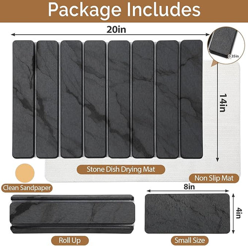 2 PCS Stone Dish Drying Mat for Kitchen CounterQuick Dry Stone Dishes MatsMarbled Water Absorbing Diatomaceous Earth Drying Pad for Countertop Bottles Utensils Cups（Dark Gray 20×14 &amp 8x4）