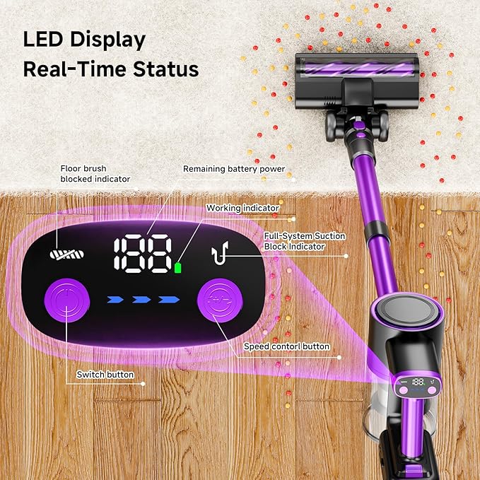 Cordless Vacuum Cleaner40Kpa Powerful Vacuum Cleaners for Home Vacuums with LED Display Anti-Tangle 8 in 1 Lightweight Vacuum for Hard Floors Pet Hair(Purple)