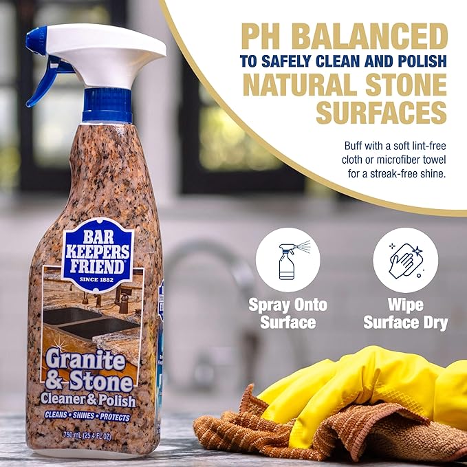 Bar Keepers Friend Granite &amp Stone Cleaner &amp Polish (25.4 oz) Granite Cleaner for Use on Natural Manufactured &amp Polished Stone Quartz Silestone Soapstone Marble - Countertop Cleaner &