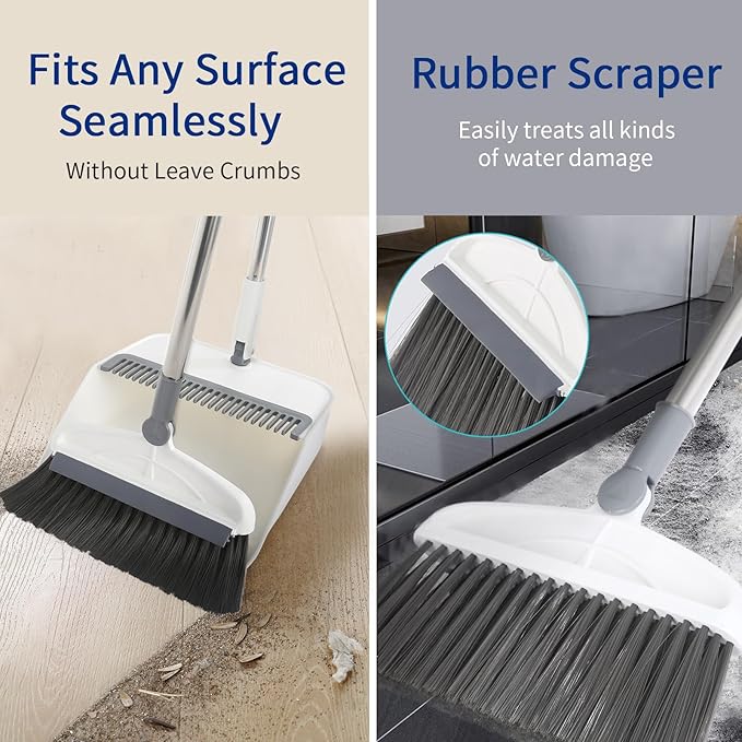 Broom with Dustpan Combo Set 2 in 1 Broom and Dustpan Set with Long Handle Upright 180° Rotating Broom with Brush and Lightwight Dust Pans for Home Kitchen Room Office Lobby Floor CleaningWhite