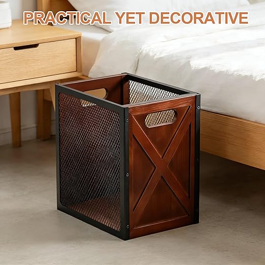 Rustic Office Trash Can - Rectangular Waste Basket with Iron Mesh 4.5 Gallon Wooden Garbage Can Bathroom Garbage Bin with Handles Decorative Trash Can for Home Office Bedroom