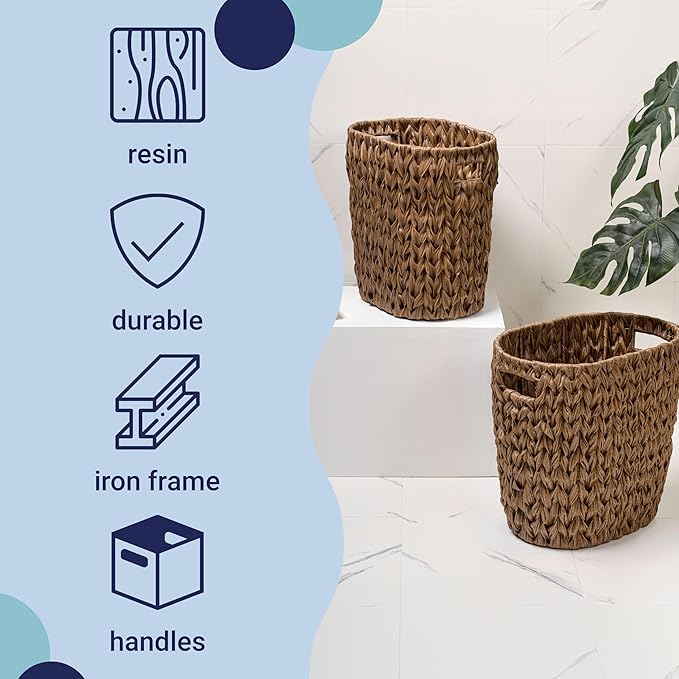 happimess HPM1407B-SET2 Maple Contemporary Farmhouse Resin 4.5-Gallon Tapered Oval Wicker Watebasket with Handles Brown (Set of 2)