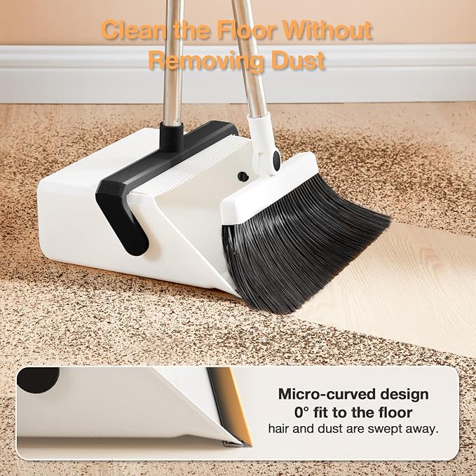 Broom with Dustpan Combo SetUOEOS One-Sweep CleanPet Hair Removal Broom with Self-Cleaning Double-Layer TeethHigh Density Broom and Windproof Dustpan for Indoor&ampOutdoor