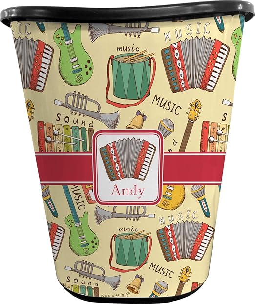 Personalized Vintage Musical Instruments Waste Basket - Double Sided (Black)