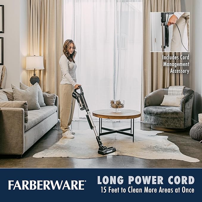 Farberware Classic Stick Vacuum Cleaner Powerful Suction and Lighted Motor Brush for Carpet and Hard Floors Converts to Handheld Vacuum for Pet Hair