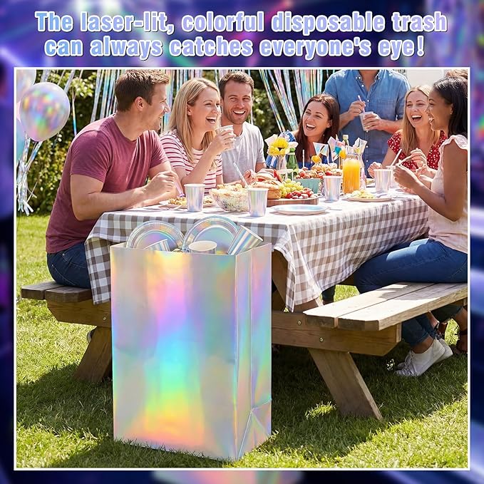 Tinlade 6 Pack 13 Gallon Iridescence Disposable Trash Cans Extra Large Thickened Waterproof Reusable Garbage Bins Foldable Pop up Recycle Bins for Galentines Day Bachelorette Wedding Iridescent Party