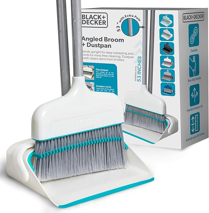 BLACK+DECKER Butler Broom and Dustpan Set for Home Short Handle Stand Up and Lightweight Space Saving Dust Pan and Broom Combo for Kitchen Living Room Bathroom Lobby Floor Use
