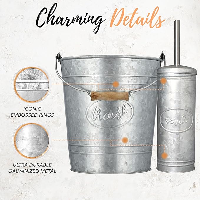 Autumn Alley Rustic Farmhouse Bathroom Trash Can and Toilet Brush Set - Rustic Bathroom Accessories for Charming Galvanized Bathroom Décor Galvanized Grey 2 Gal. Capacity