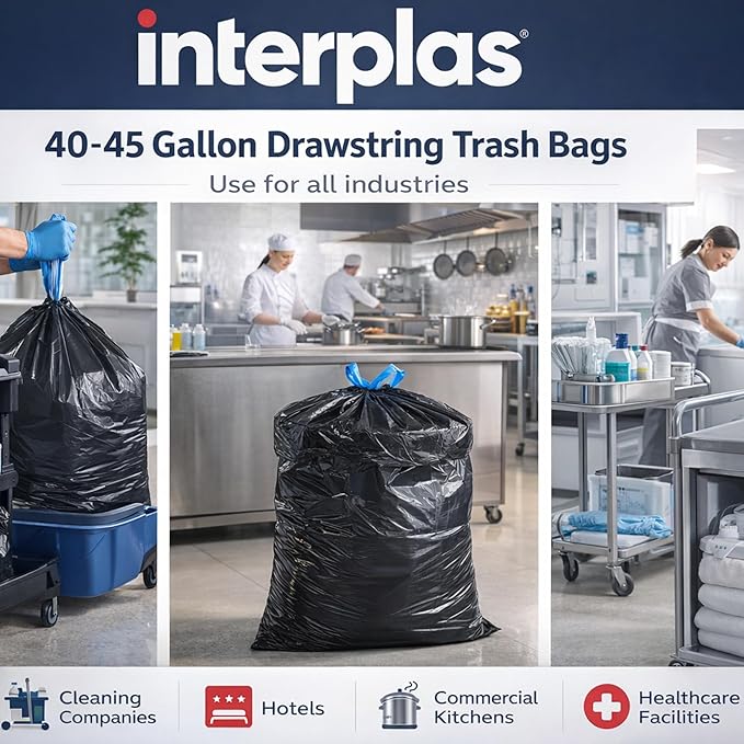 (50 Count) 44 Gallon Trash Bags with Drawstring Heavy Duty Fits 40-45 Gallon Bins 1.2 Mil Industrial Strength for Janitorial Hotels &amp Commercial Kitchen Waste-Multipurpose use-By Interplas.