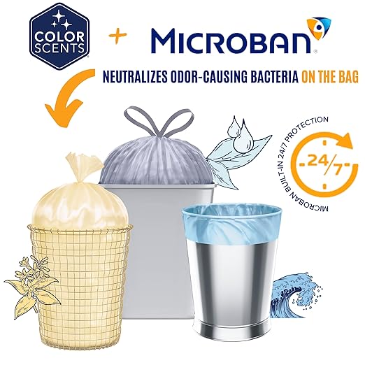 Color Scents Medium Trash Bags - 8 Gallon 400 Total Bags (8 Packs of 50 Count) Twist Tie - Ivory Bag in Vanilla Flower Scent with Microban
