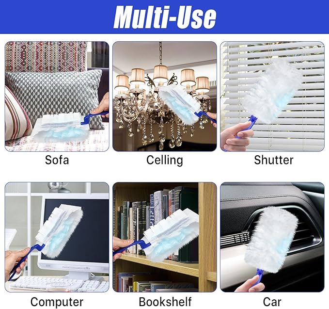 100 Pcs Duster Refills Bulk Thickened Duster Refill Electrostatic Duster Head Duster Refills for Cleaning with 4 Handles Disposable Duster Refills for Cleaning Blinds Ceiling Fans(Blue)