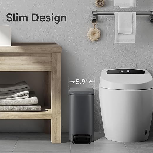 TIPGO Slim Bathroom Trash Can with Lid Soft Close 6 Liter / 1.6 Gallon Stainless Steel Garbage Can with Removable Inner Bucket Step Pedal Small Trash Cans for Bedroom Office Kitchen (Grey)