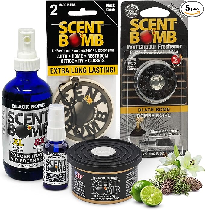 Scent Bomb Air Freshener Bundle - 1 oz &amp 8 oz Bottle Sprays Vent Clip Organic Cans Hanging Circle - Continuous Freshness &amp Long-Lasting Odor Eliminator for Car Home Bathroom - Black Bomb