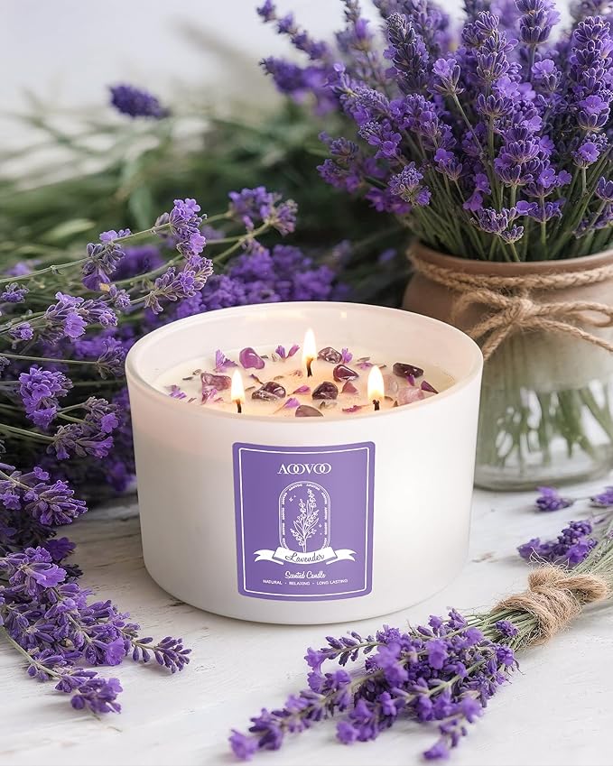 AOOVOO Lavender Scented Candles for Women - 20oz 3 Wick Soy Candles for Home Scented Aromatherapy Candle with Crystals Inside Birthday Gifts Valentines Day Candle for Women Mom