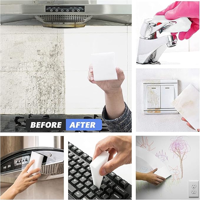 100Pack Magic Sponge Eraser Extra Thick Melamine Foam Sponge in Bulk Multi-Functional Household Cleaning Scrub Pads for Kitchen Bathroom Bathtub Sink Furniture Car Walls Shoes