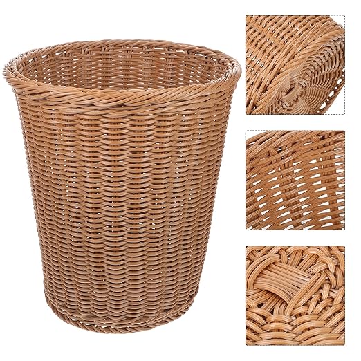 Cabilock Rust-Resistant Iron Wastebasket Imitated Rattan Woven Trash Can Brown and Work Rubbish Bin Without Lid for Living Room or Guest Room