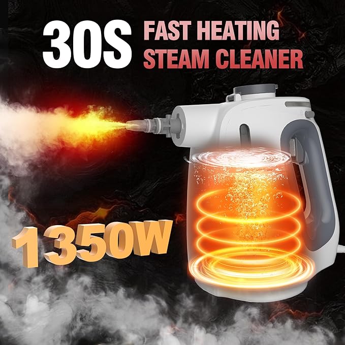 Spurgehom 1350W Handheld Steam Cleaner with 15-Pc Accessories(including mop) &amp 550ML Tank – 3Bar Dirty-Free Steamer for Floors Cars Upholstery and Multi-Surface Home Cleaning