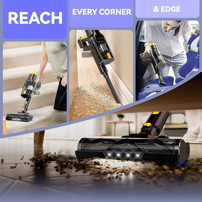350W 40KPa Cordless Vacuum Cleaner Compatible with DeWalt 20V Battery (No Battery) 6-in-1 Self-Standing Stick Vacuum 3 Models Dual Dust Cup LED Display &amp 180° Bendable Wand