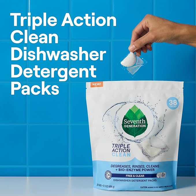 Seventh Generation Triple Action Clean Automatic Dishwasher Detergent Packs with Bio-Enzyme Power Free &amp Clear Fights 48-hour Stuck-on Food 54 count