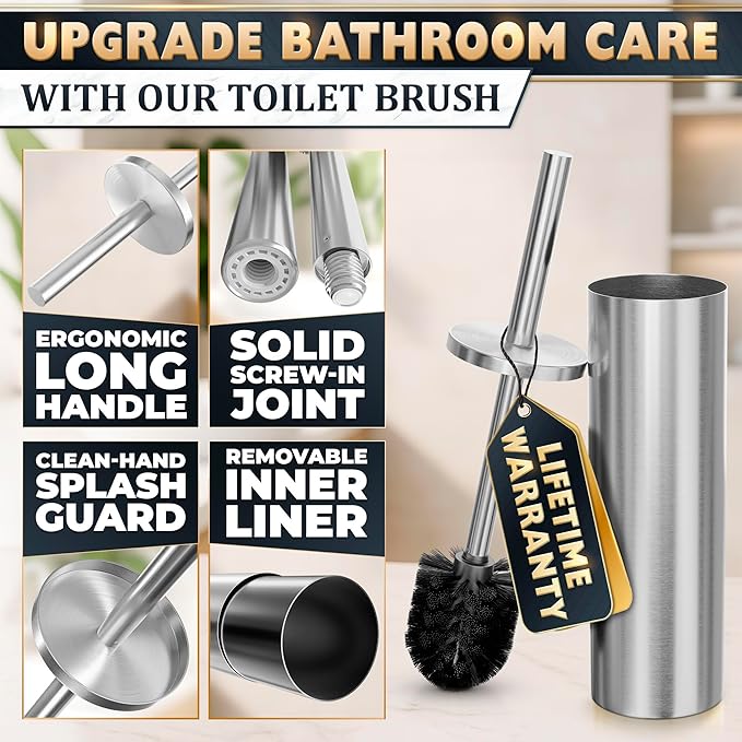 Stylish Stainless Steel Toilet Brush and Holder Set - Silver Toilet Bowl Brush and Holder with Splash Cover Sturdy Bristles Corrosion &amp Scratch Resistant - Elegant Design Effective Deep Cleanin