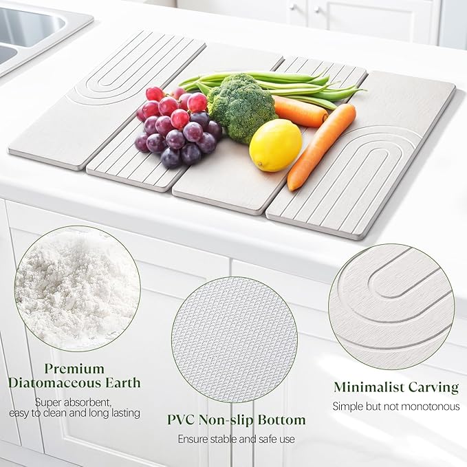 Large Stone Dish Drying Mat for Kitchen Counter Quick Dry Stone Dishes Mats 23.6(L)×15.4(W) Water Absorbing Diatomaceous Earth Drying Pad for Countertop Bottles Utensils Cups White