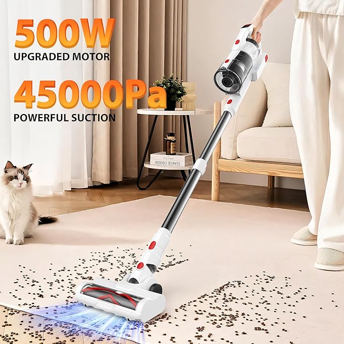 Tikom V750 Cordless Vacuum Cleaner for Home 45000Pa/500W Stick Vacuum with LED Display Charging Wall Dock Anti-Tangle Lightweight Handheld Vacuum for Pet Hair Hard Floor Carpet White