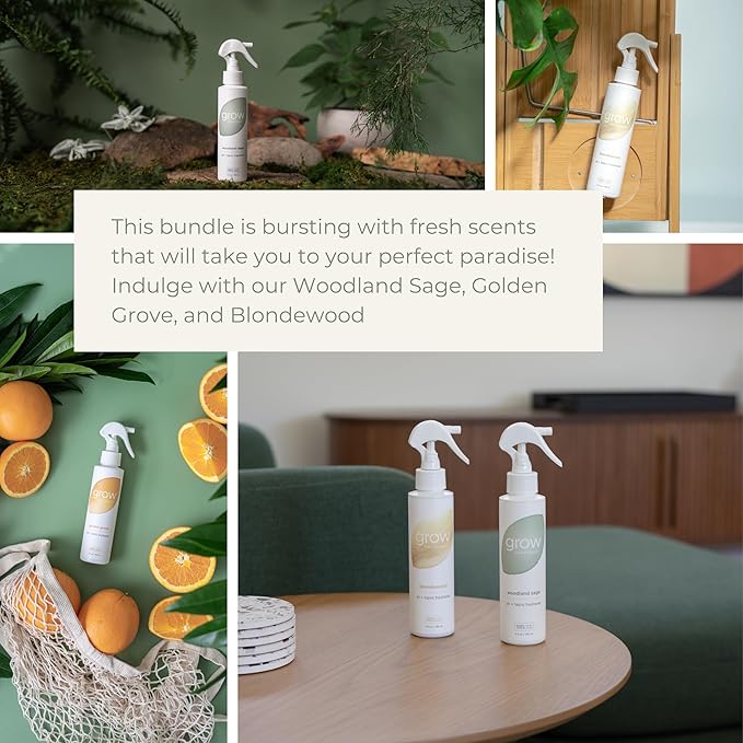 Grow Fragrance 100% Plant-Based Air Freshener Spray | Freshen Fabric &amp Rooms | Golden Grove Woodland Sage Blondewood Scents | Made with Natural Essential Oils - Variety 3 Pack 5 oz each