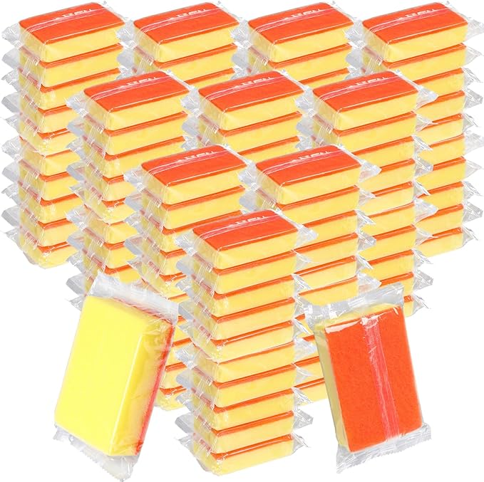 Tioncy 100 Pcs Individually Wrapped Sponges Bulk Kitchen Orange Non Scratch Scrub Sponges Dual Sided Cleaning Scrubber for Household Washing Dishes Pots Pans Sinks Stoves Appliances Car Bike