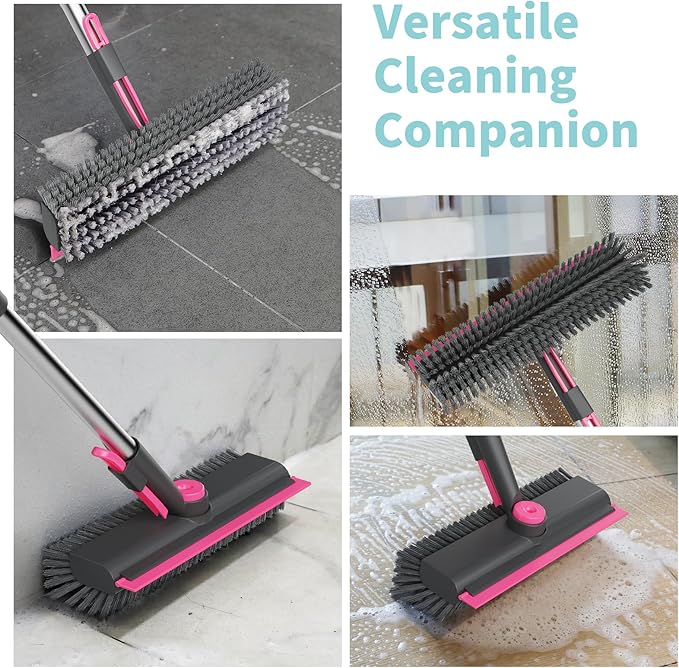 AIR U+ Floor Scrub Brush with Long Handle 3 in 1 Scrape and Heavy-Duty Stiff Bristle Scrubber Brush for Cleaning Shower Bathroom Patio Pool Garage Kitchen Wall and Deck Gray and Pink