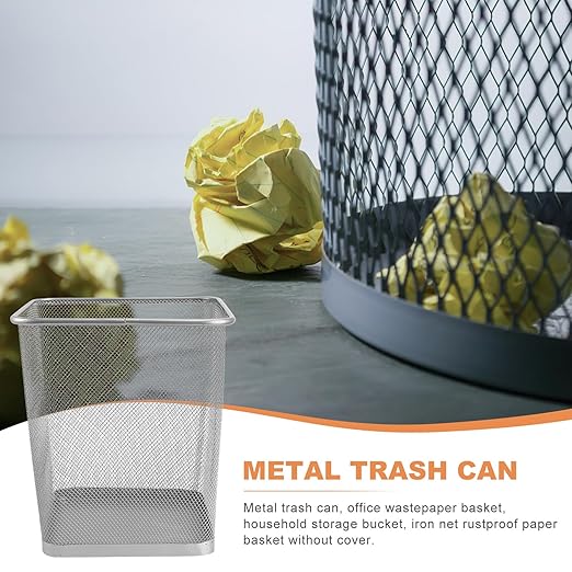 Metal Office Trash Can Small Square Silver Iron Mesh Waste Basket Bottom Paper Bin for Bathroom Bedroom Kitchen Living Storage