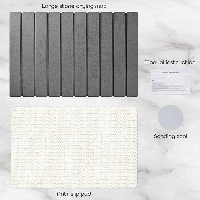 Large Stone Dish Drying Mat 24 x 16 – Quick Dry Diatomaceous Bath &amp Kitchen Mat with Non-Slip Base – Modern Absorbent Drying Pad for Plates Glassware &amp Bottles (Solid Dark Grey)