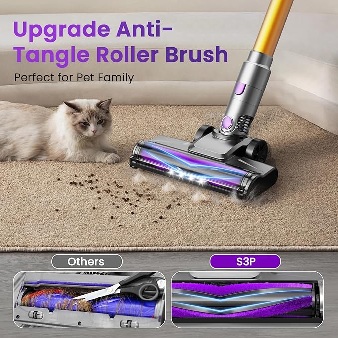 S3P Cordless Vacuum Cleaner 45kPa Powerful Suction Vacuum Cleaners for Home 55-Min Runtime Rechargeable Stick Vacuum Self-Standing for Pet Hair Carpet Hard Floor LED Display