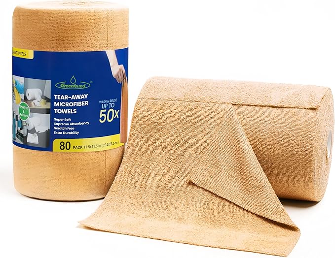 Greenfound Microfiber Cleaning Cloth Roll -80 Pack 11.5x11.5 Tear Away Towels Reusable and Washable Rags Orange