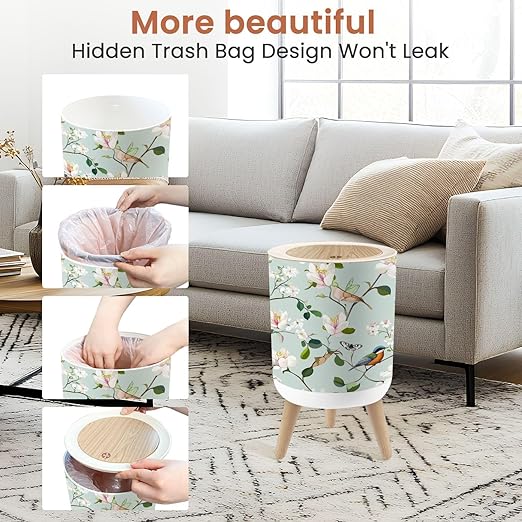 Bathroom Trash Can with Lid Magnolia Birds Butterflies Seamless Summer Magnolia Flowers Garbage Bin Waste Basket for Kitchen Office Bedroom Decoration Diaper Pail 1.8 Gallon