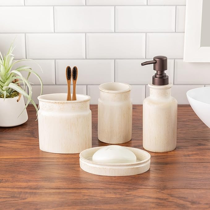 Creative Scents Rustic Luxe Bathroom Accessory Set Complete - 4 Piece Beige Bathroom Soap Dispenser Set has: Lotion Dispenser Toothbrush Holder Tumbler &amp Soap Dish Modern Farmhouse Bathroom Dec