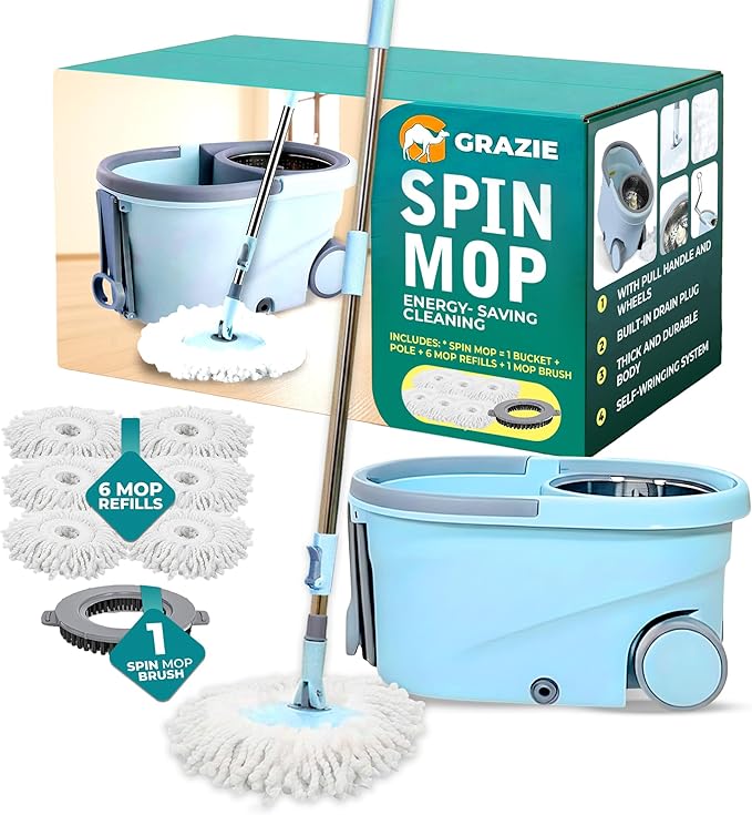 Grazie Spin Mop &amp Bucket Set - 360° Self-Wringing System with Wheels Stainless Steel Handle - Hands-Free Floor Cleaning for Hardwood Tile Laminate - Includes 6 Washable Microfiber Mop Head Refi