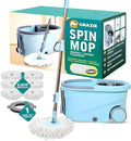 Grazie Spin Mop &amp Bucket Set - 360° Self-Wringing System with Wheels Stainless Steel Handle - Hands-Free Floor Cleaning for Hardwood Tile Laminate - Includes 6 Washable Microfiber Mop Head Refi