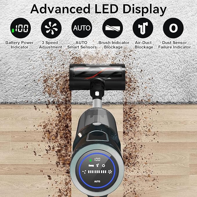 V12 Cordless Vacuum Cleaner 400W 65Mins Cordless Stick Vacuum Powerful Suction LED Touch Display Rechargeable Wireless Handheld Lightweight Vacuum for Home Hard Floors Carpet Car Pet Hair