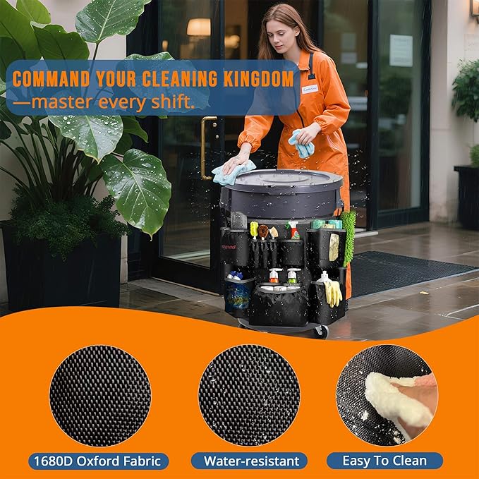 Trash Can Caddy Bag for 32-55 Gallon Garbage Bin Hongmed Caddy for Commercial Cleaning Supplies Multi-Pocket Utility Apron with Adjustable Straps Heavy-Duty Nylon Organizer for Janitorial Duties
