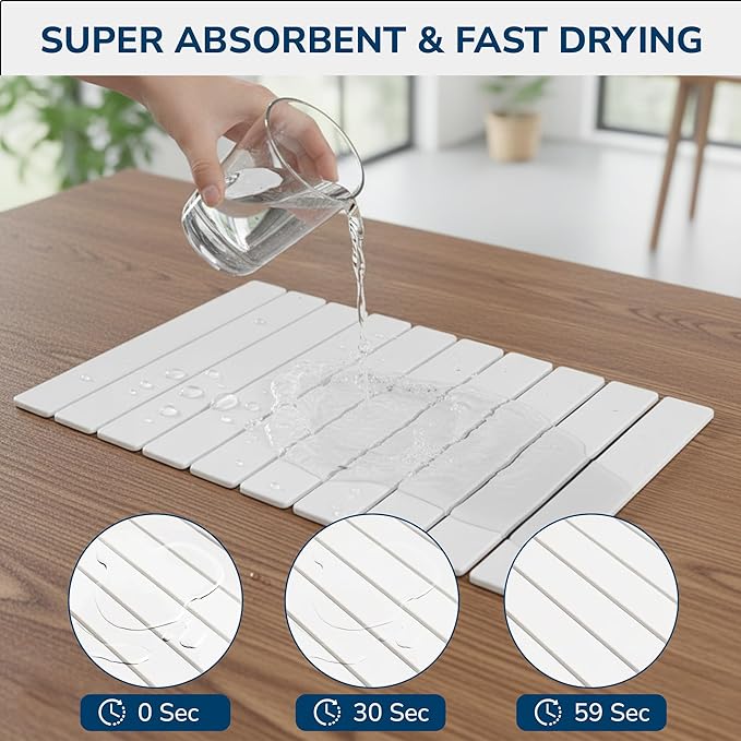 Large Stone Drying Mat 24x16 – Diatomaceous Earth Stone Dish Drying Mat Ultra-Absorbent Stone Drying Mat for Kitchen Collapsible Quick-Dry Countertop Protector for your Dishes (Snow White)
